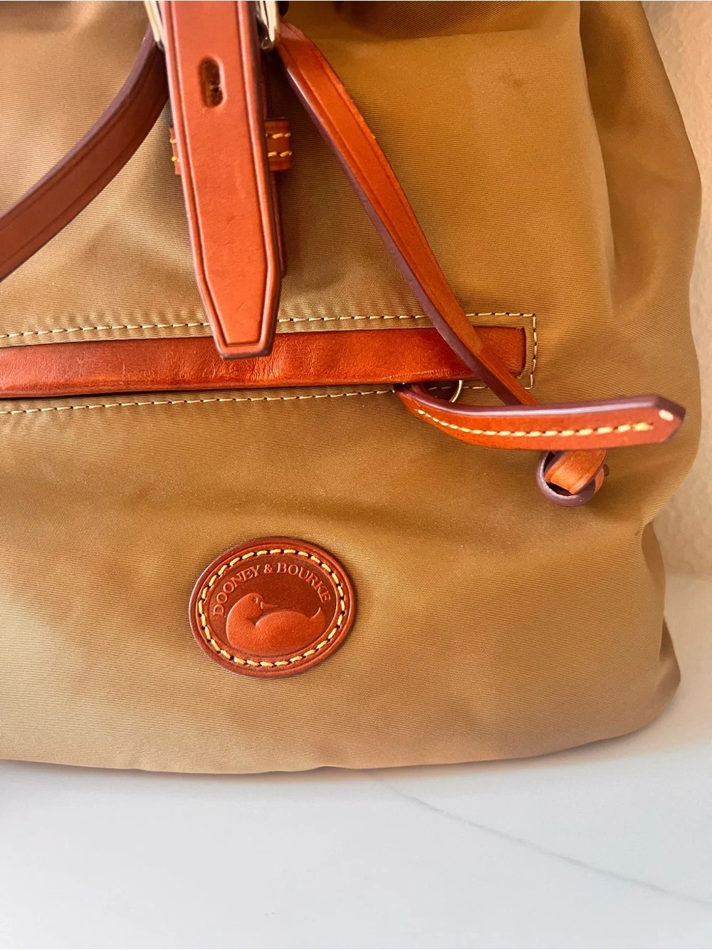 Dooney & Bourke Tan Olive Nylon and Brown Leather top  Old Money Style Backpack